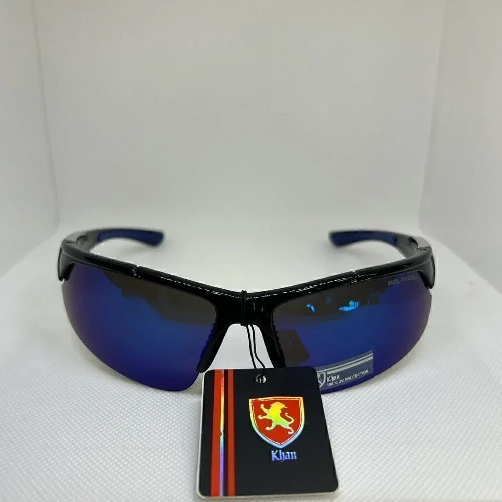 Khan Polarized Mirrored Mens Wrap Semi Rimless Sunglasses